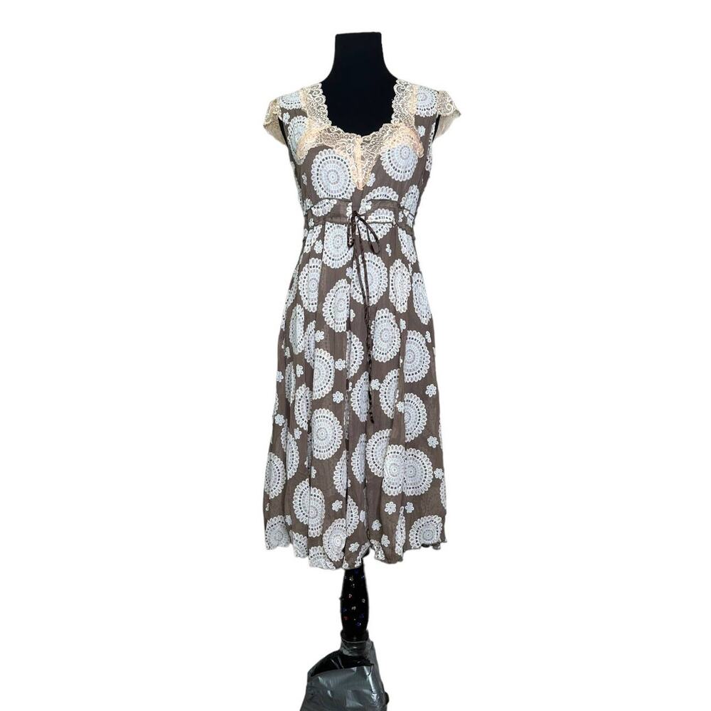 213 by Michelle Kim brown floral cap sleeves laced knee length boho dress size M